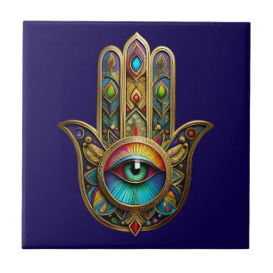 Ornate Goldfarbene Hamsa Grün auf Rotem Dritten Au Fliese