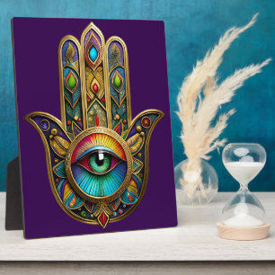Ornate Goldfarbene Hamsa Grün auf Rotem Dritten Au Fotoplatte