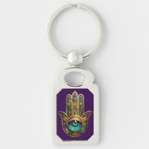Ornate Goldfarbene Hamsa Grün auf Rotem Dritten Au Schlüsselanhänger