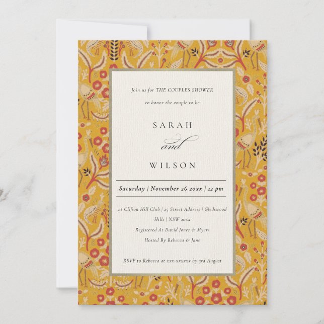 Ornate Jaune Floral Peacock Couples Invitation de  (Devant)