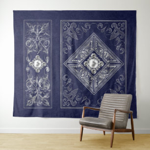 Ornate Opulenz Blaues und silbernes juwelenbeset Wandteppich