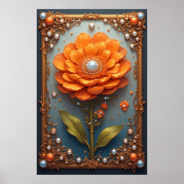 Ornate Orange Flower Artwork in Gold Frame Poster (Vorne)