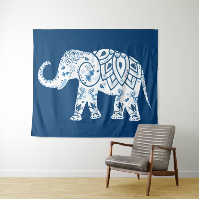 Ornate Patterned Blue Elephant Wandteppich (Beispiel (Horizontal))