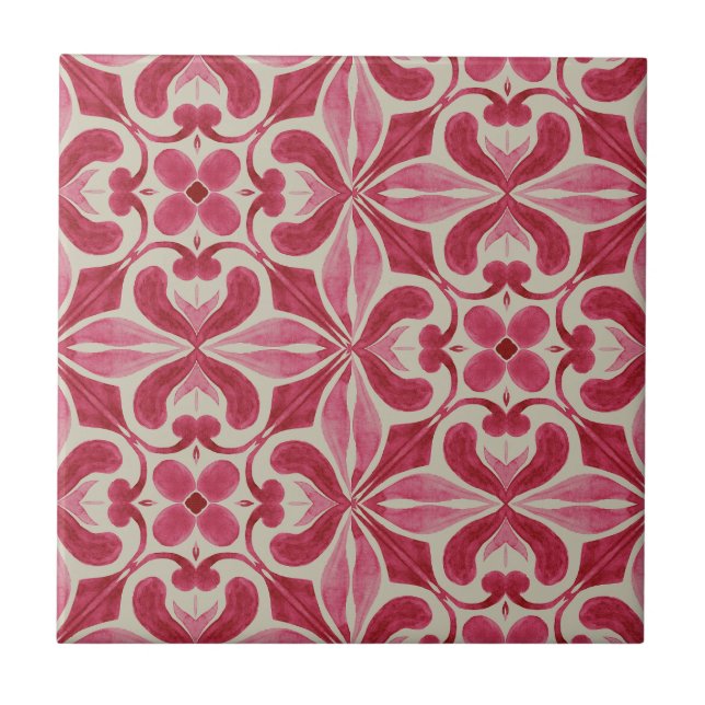 Ornate Red Azulejo Pattern with Floral Motifs  Fliese (Vorderseite)