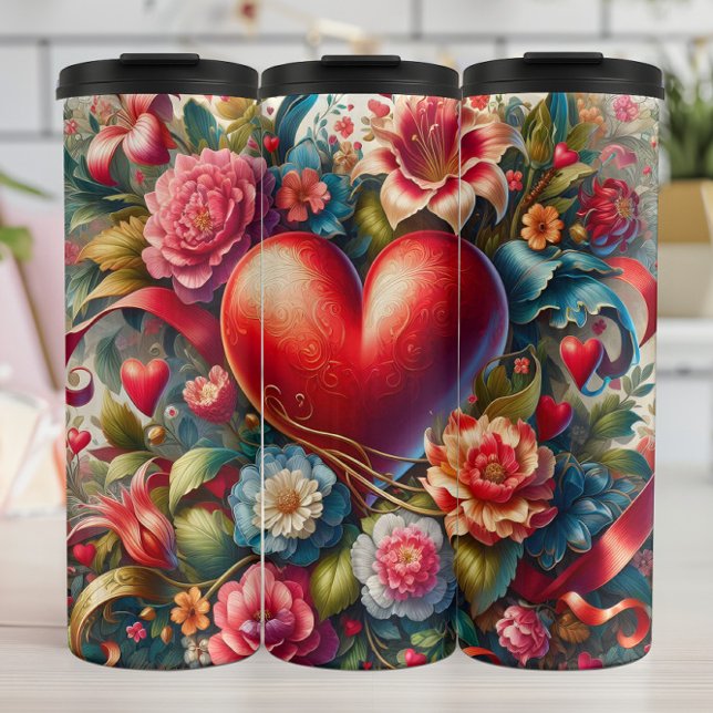 Ornate Red Heart Floral Thermosbecher (Von Creator hochgeladen)