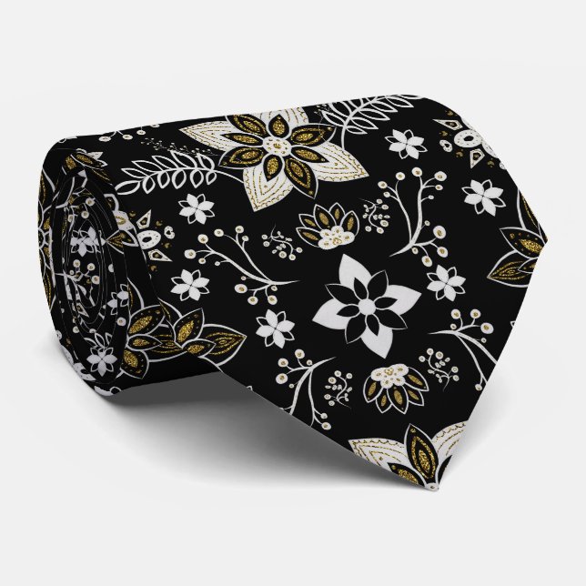 Ornate Schwarz-Weiß-Blumenmuster  Krawatte (Gerollt)
