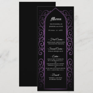 Ornate schwarze und violette gotische Hochzeitsmen Menükarte