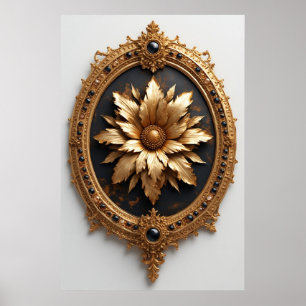 Ornater Goldrahmen mit großer metallischer Blumenm Poster