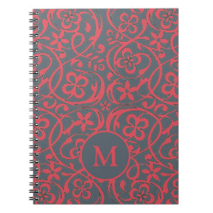 Ornates Blumenmuster in rosa und grauem Monogramm Notizblock