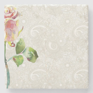 Ornates Blumenmuster mit rosa Wasserfarbenrose Steinuntersetzer