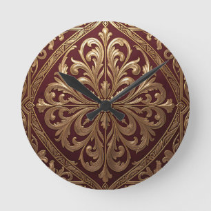 Ornates Gold-Akanthus-Muster Tiefroter Barock Runde Wanduhr