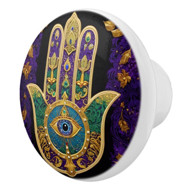 Ornates goldenes drittes Auge Hamsa Keramikknauf (Rechts)