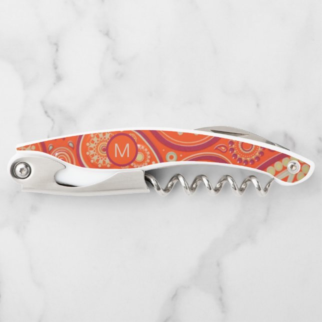 Ornates oranges Paisley-Muster-Monogramm Kellnermesser (Vorderseite)