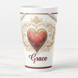 Ornates rotes Herz mit Goldfiligran und Perle Milchtasse