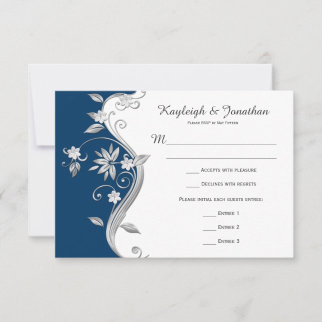 Orné Bleu Marine Blanc Argent Fleurs RSVP (Devant)