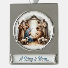 Ornement Bannière Argenté A King Is Born – Nativity Banner Christmas Design