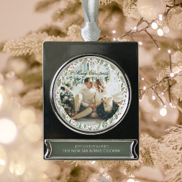 Ornement Bannière Argenté Elegant Just Married Newlywed Photo Christmas