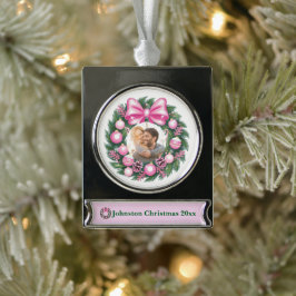 Ornement Bannière Argenté Première couronne rose de Noël