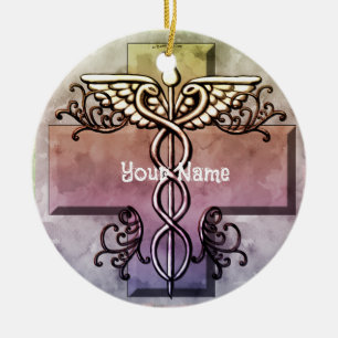 Ornement Caducée à croix pastel
