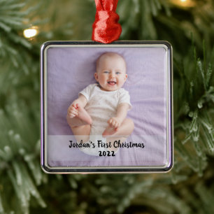 Ornement Carré Argenté 1er Noël du bébé mignon