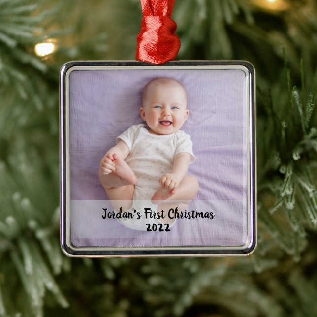 Ornement Carré Argenté 1er Noël du bébé mignon (Arbre)