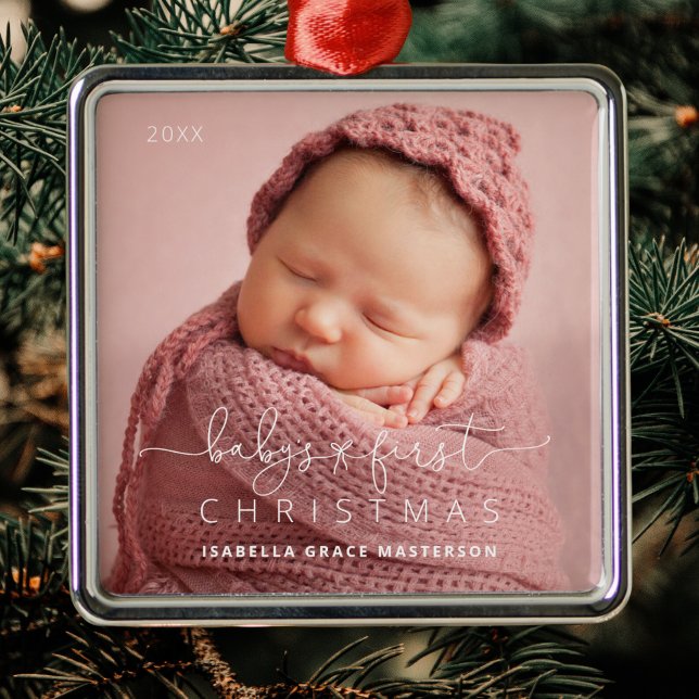 Ornement Carré Argenté 1er Noël du mignon bébé (Shown on a Premium Square Ornament)