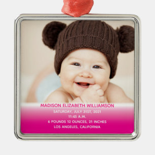 Ornement Carré Argenté 1ère photo de Noël de bébé Keepsaké rose