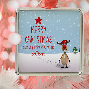 Ornement Carré Argenté 2026 Drôle de Renne Noël Nouvel An Arbre