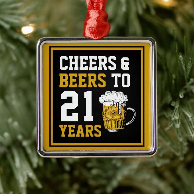 Ornement Carré Argenté 21e anniversaire Cheers & Bières à 21 ans (Arbre)