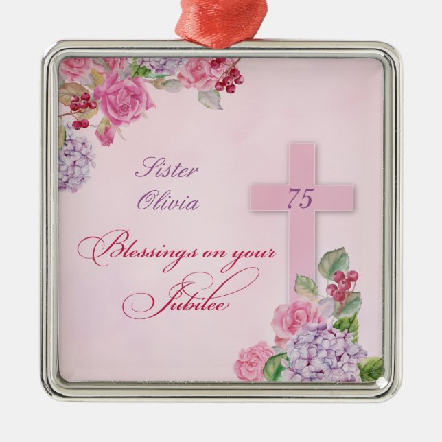 Ornement Carré Argenté 75e anniversaire de la vie religieuse Nonne cathol (Devant)