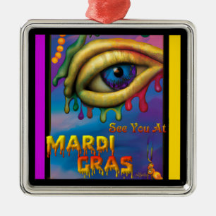 Ornement Carré Argenté À Mardi Gras Eye