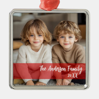 Ornement Carré Argenté Accent Rouge Photo personnalisée & Sentiment Noël