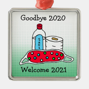 Ornement Carré Argenté Adieu 2020, Bienvenue 2021 Noël