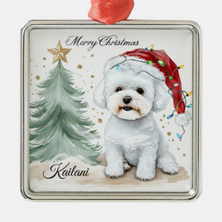 Ornement Carré Argenté Adorable Bichon cadeau de Noël personnalisé