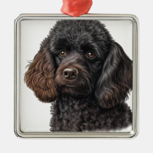 ORNEMENT CARRÉ ARGENTÉ ADORABLE CHIEN POODLE FRANÇAIS NOIR