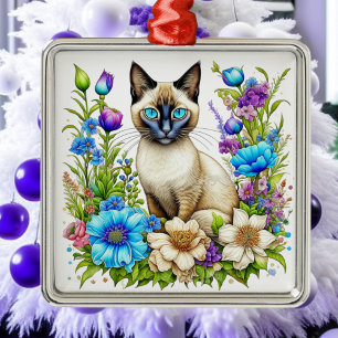 Ornement Carré Argenté Ai Aquarelle Siamese Chat en Fleurs