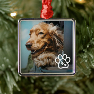 Ornement Carré Argenté Ajoutez Votre Propre Photo Monogramme Chiens Anima