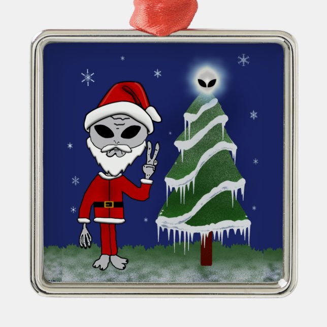 Ornement Carré Argenté Alien Père Noël (Devant)