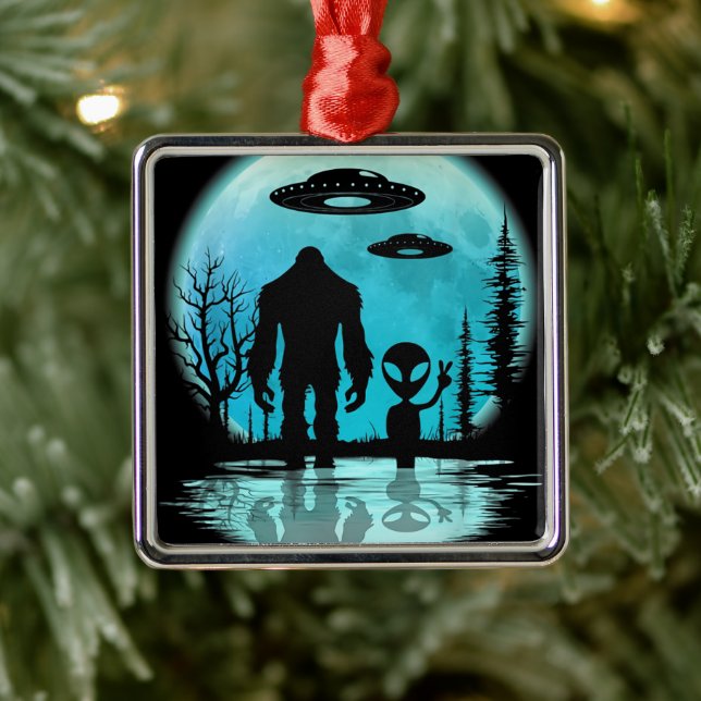 Ornement Carré Argenté Alien UFO Bigfoot (Arbre)