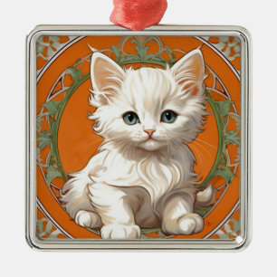 Ornement Carré Argenté Alphonse Mucha Art Nouveau Kitten blanc