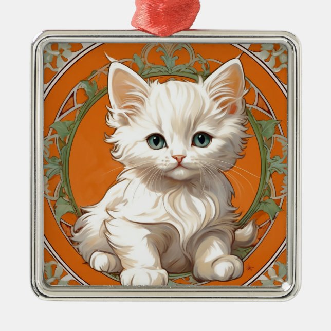 Ornement Carré Argenté Alphonse Mucha Art Nouveau Kitten blanc (Devant)