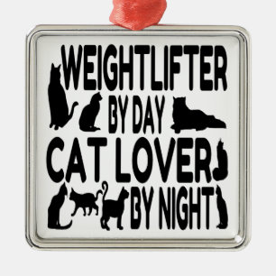 Ornement Carré Argenté Amoureux des chats Weightlifter