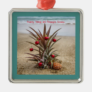 Ornement Carré Argenté Ananas de plage avec l'ornement rouge de Noël