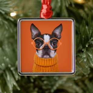 Ornement Carré Argenté Animaux de bébés cutest   Orange Boston Terrier