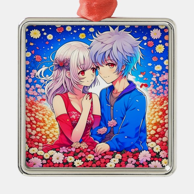Ornement Carré Argenté Anime Couple Love Fleurs et Coeurs (Devant)
