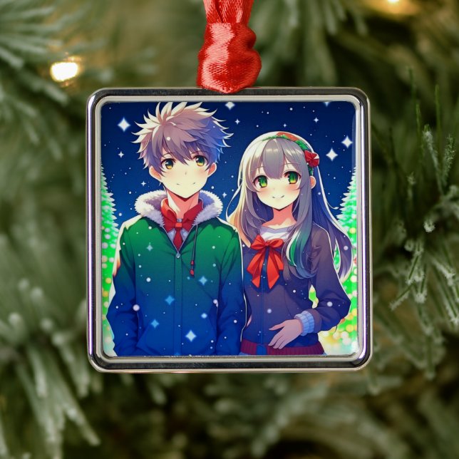 Ornement Carré Argenté Anime Couple Romantique Noël personnalisé (Arbre)