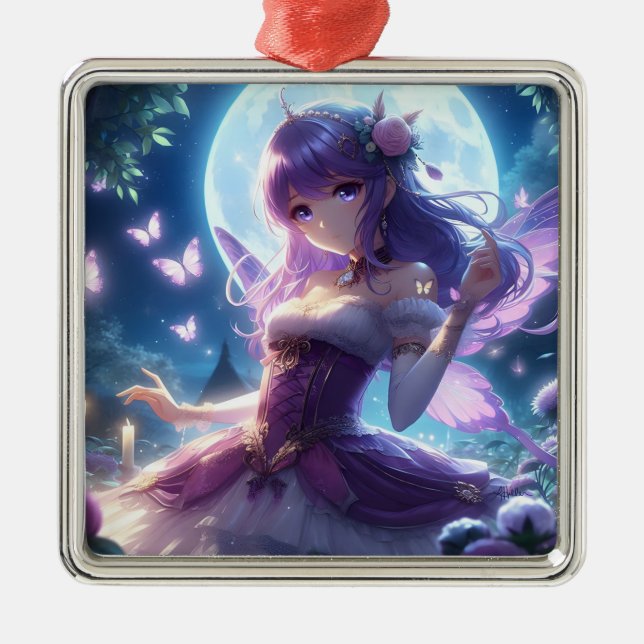 Ornement Carré Argenté Anime Girl Violet Papillon Aile Lune Fée (Devant)