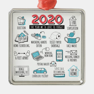 Ornement Carré Argenté Année 2020 Quarantine Noël commémoratif