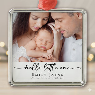 Ornement Carré Argenté Annonce de naissance pour le premier Noël de bébé
