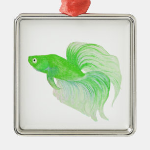 Ornement Carré Argenté Aquarelle de poisson Betta verte